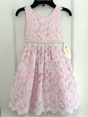 American Princess Dress Pink Lace Floral Fit & Flare Sleeveless Beaded 
Size 5